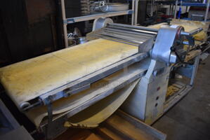 FANTASTIC! Rondo Seewer Model SOLO D Commercial Metal Electric Powered Floor Style Reversible Dough Sheeter w/ Bread Boards. 103x43x47