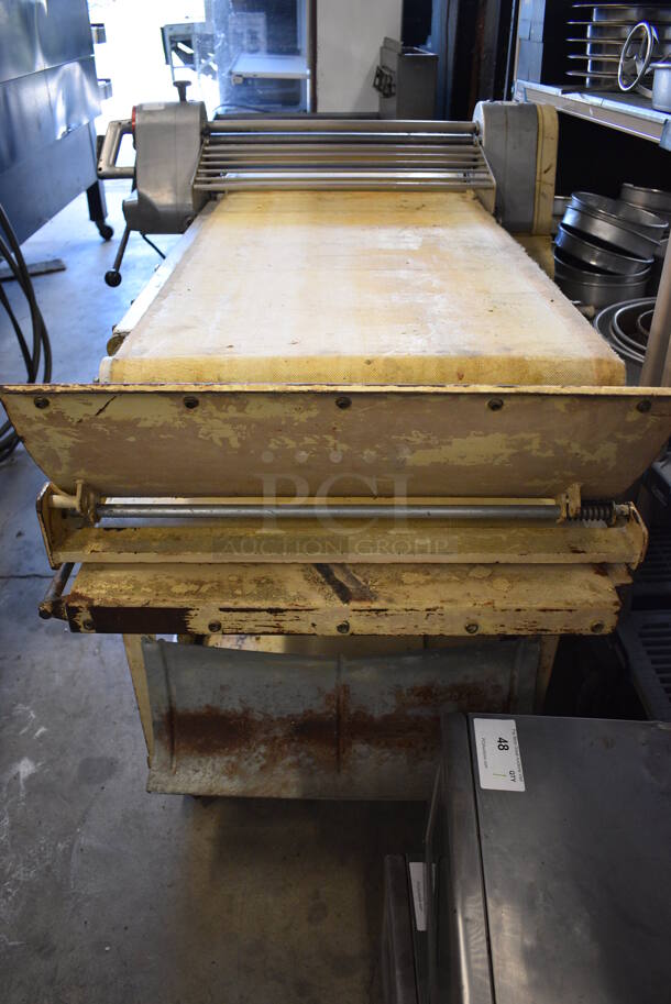 FANTASTIC! Rondo Seewer Model SOLO D Commercial Metal Electric Powered Floor Style Reversible Dough Sheeter w/ Bread Boards. 103x43x47 - Image 3 of 11