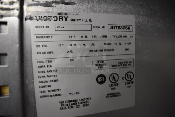 GREAT! 2007 Victory Model VR-2 Stainless Steel Commercial 2 Door Reach In Cooler on Commercial Casters. 115 Volts, 1 Phase. 52.5x34x83.5. Tested and Working! - Image 5 of 7