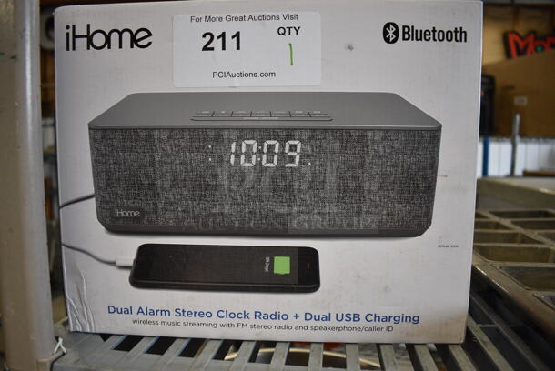 IN ORIGINAL BOX! iHome Dual Alarm Stereo Clock Radio.  - Image 1 of 5