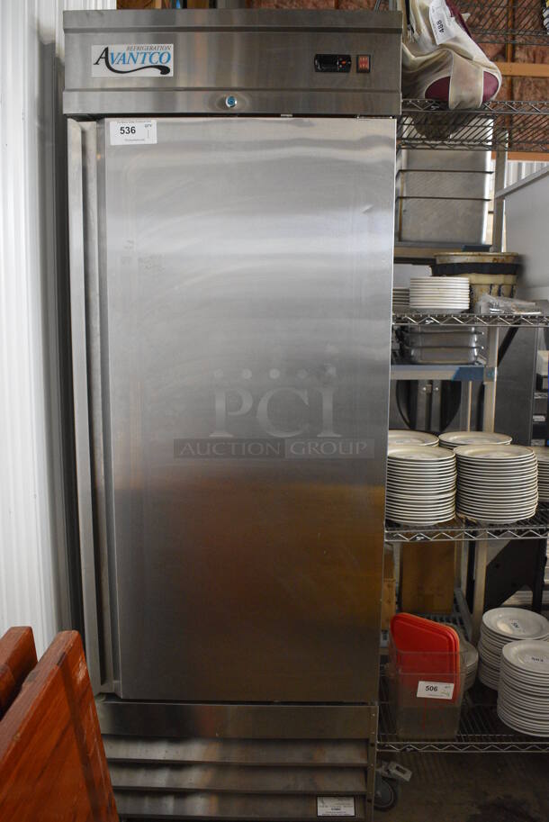 GREAT! Avantco Model 178CFD1RR Stainless Steel Commercial Single Door Reach In Cooler on Commercial Casters. 115 Volts, 1 Phase. 29x33x83. Tested and Powers On But Does Not Get Cold - Image 1 of 6