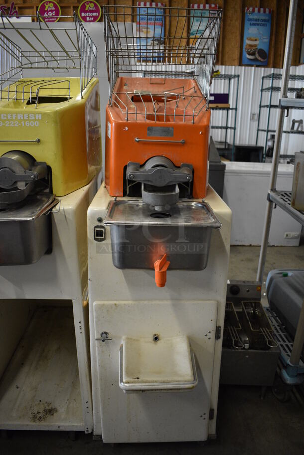 WOW! Juice Tree Model 106 Metal Commercial Floor Style Citrus Juicer on Commercial Casters. 115 Volts, 1 Phase. 18x48x67. Tested and Does Not Power On