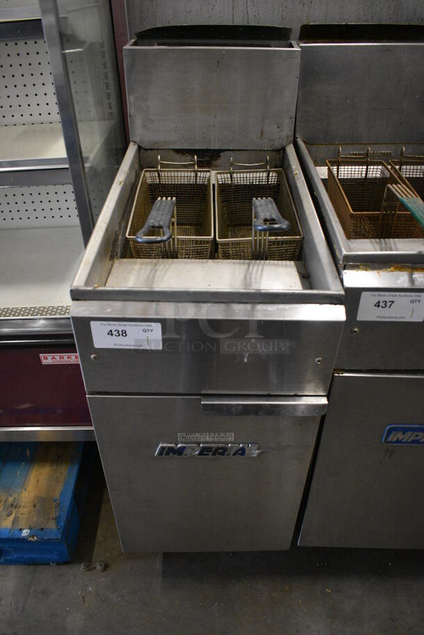 NICE! Imperial Model FG40 Stainless Steel Commercial Gas Powered Deep Fat Fryer w/ 2 Metal Fry Baskets. 105,000 BTU. 15.5x31x47 - Image 1 of 8