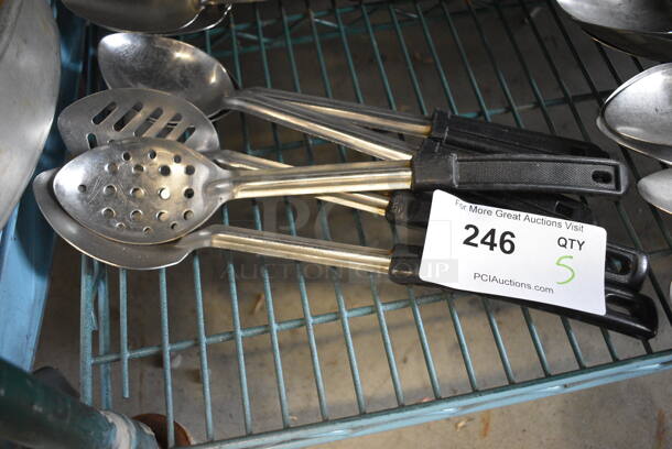 5 Stainless Steel Straining Serving Spoons w/ Black Handle. 14". 5 Times Your Bid! - Image 1 of 2