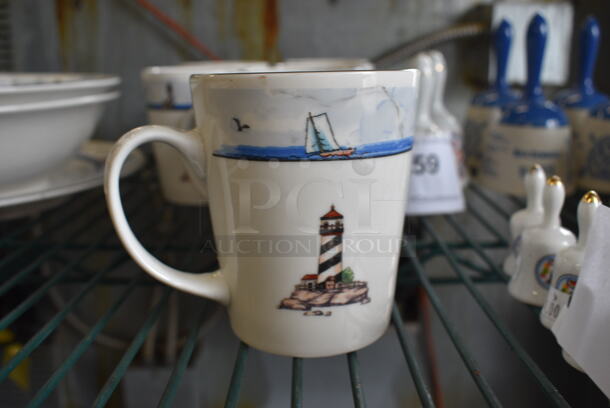 8 White Ceramic Mugs w/ Lighthouse Design. 4x3x4. 8 Times Your Bid! 
