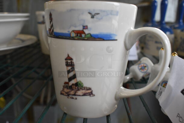 8 White Ceramic Mugs w/ Lighthouse Design. 4x3x4. 8 Times Your Bid!  - Image 2 of 3