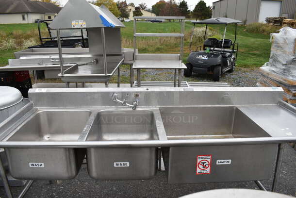 Stainless Steel Commercial 3 Bay Sink w/ Right Side Drainboard and Handles. 99x34x40. Bays 20x28x12, 30x30x12. Drainboard 18x31x2