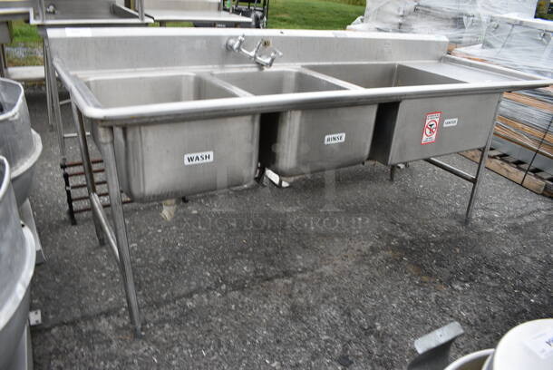 Stainless Steel Commercial 3 Bay Sink w/ Right Side Drainboard and Handles. 99x34x40. Bays 20x28x12, 30x30x12. Drainboard 18x31x2 - Image 2 of 7