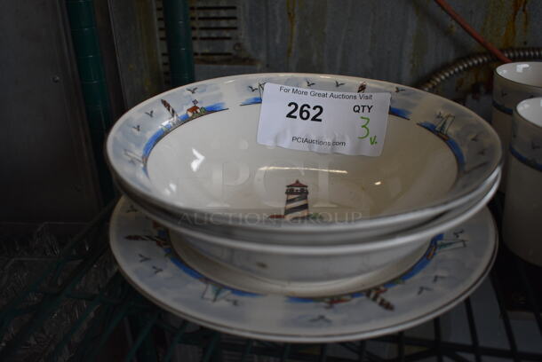 3 Various White Ceramic Dishes w/ Lighthouse Design; 2 Bowls and 1 Plate. Includes 9x9x3. 3 Times Your Bid!