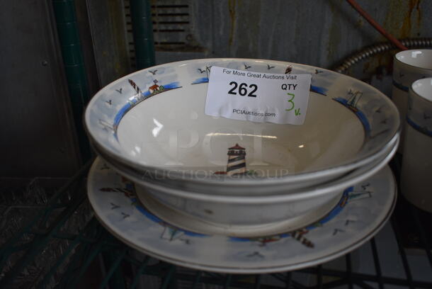 3 Various White Ceramic Dishes w/ Lighthouse Design; 2 Bowls and 1 Plate. Includes 9x9x3. 3 Times Your Bid! - Image 1 of 4
