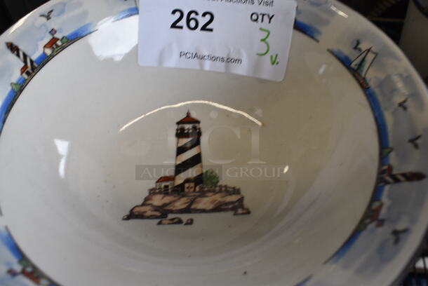 3 Various White Ceramic Dishes w/ Lighthouse Design; 2 Bowls and 1 Plate. Includes 9x9x3. 3 Times Your Bid! - Image 2 of 4