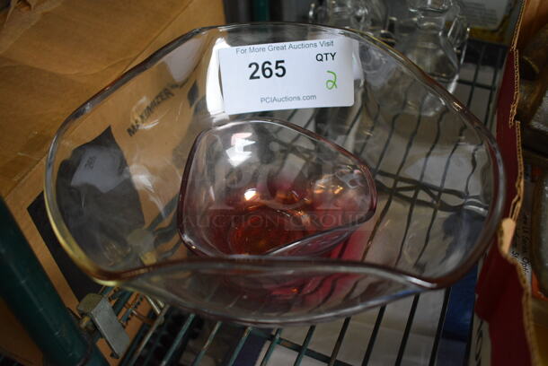2 Clear and Red Glass Bowls. Includes 9.5x9.5x5. 2 Times Your Bid!