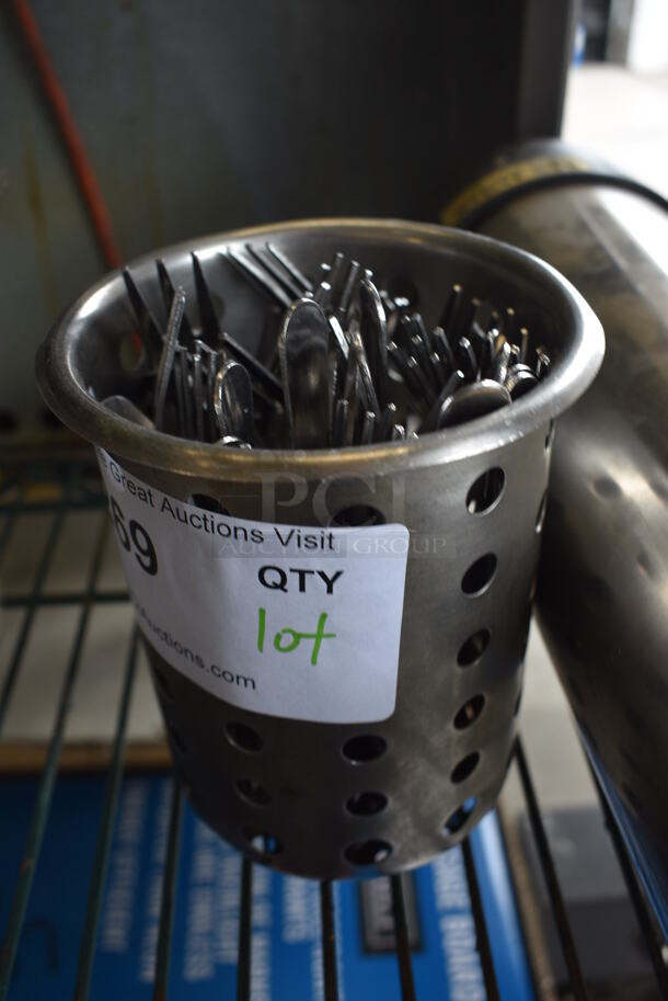 ALL ONE MONEY! Lot of Metal Oyster Forks in Metal Silverware Bin! 5.5