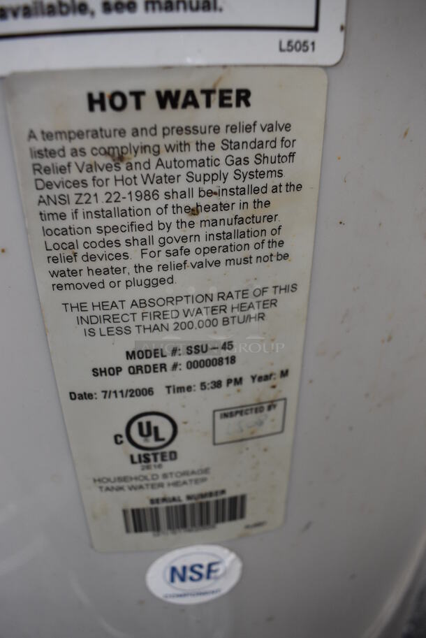 2006 Superstor Model SSU-45 Ultra Stainless Steel Indirect Fired Water Heater. 19x23x52 - Image 6 of 6