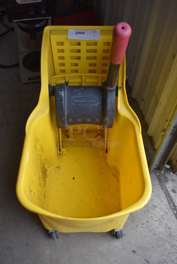 Rubbermaid Yellow Poly Mop Bucket w/ Wringing Attachment on Casters. 13x22x27