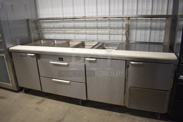 NICE! CustomCool Stainless Steel Commercial Prep Table w/ 3 Doors, 2 Drawers and Sneeze Guard on Commercial Casters. 96x34x52. Tested and Powers On But Does Not Get Cold
