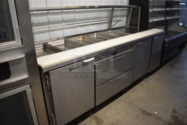 NICE! CustomCool Stainless Steel Commercial Prep Table w/ 3 Doors, 2 Drawers and Sneeze Guard on Commercial Casters. 96x34x52. Tested and Powers On But Does Not Get Cold - Image 2 of 10