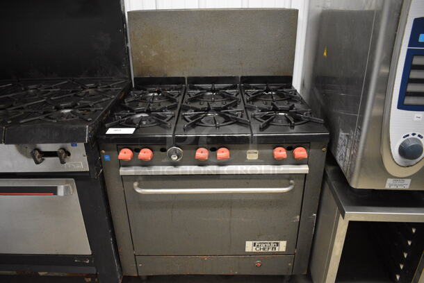 NICE! Franklin Chef Model GF1CO Metal Commercial Gas Powered 6 Burner Range w/ Lower Oven and Backsplash. 34x31x51