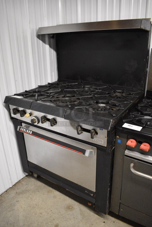 NICE! Garland Stainless Steel Commercial Gas Powered 6 Burner Range w/ Lower Oven and Stainless Steel Overshelf. 36x31x59 - Image 2 of 5