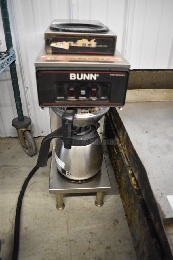 NICE! Bunn Stainless Steel Commercial 2 Burner Coffee Machine w/ Metal Brew Basket and Metal Coffee Pot. 120/240 Volts, 1 Phase. 8x18x23