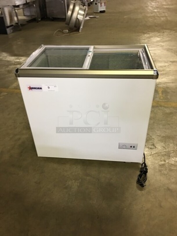 SWEET! LATE MODEL Omcan Commercial Chest Freezer Merchandiser! With 2 Sliding Top Doors! Model FRCN0200! 110V! Working When Removed! 