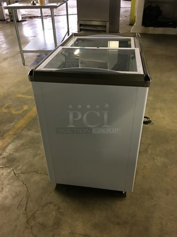 SWEET! LATE MODEL Omcan Commercial Chest Freezer Merchandiser! With 2 Sliding Top Doors! Model FRCN0200! 110V! Working When Removed!  - Image 3 of 8
