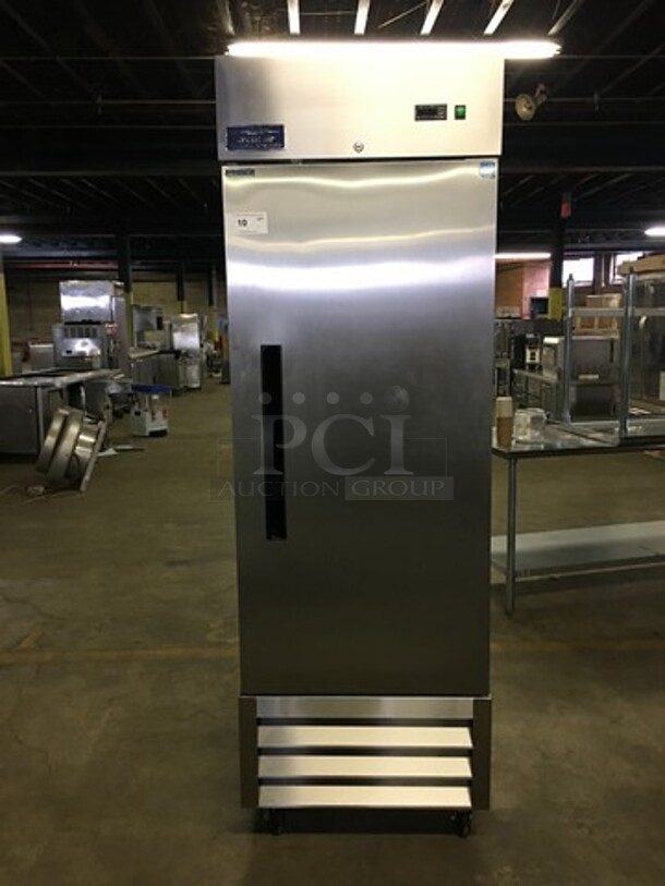 GREAT! LATE MODEL Arctic Air Commercial Single Door Reach In Refrigerator! With Poly Coated Racks! All Stainless Steel! Model AR23E Serial H8025350! 115V! On Commercial Casters! Working When Removed! 