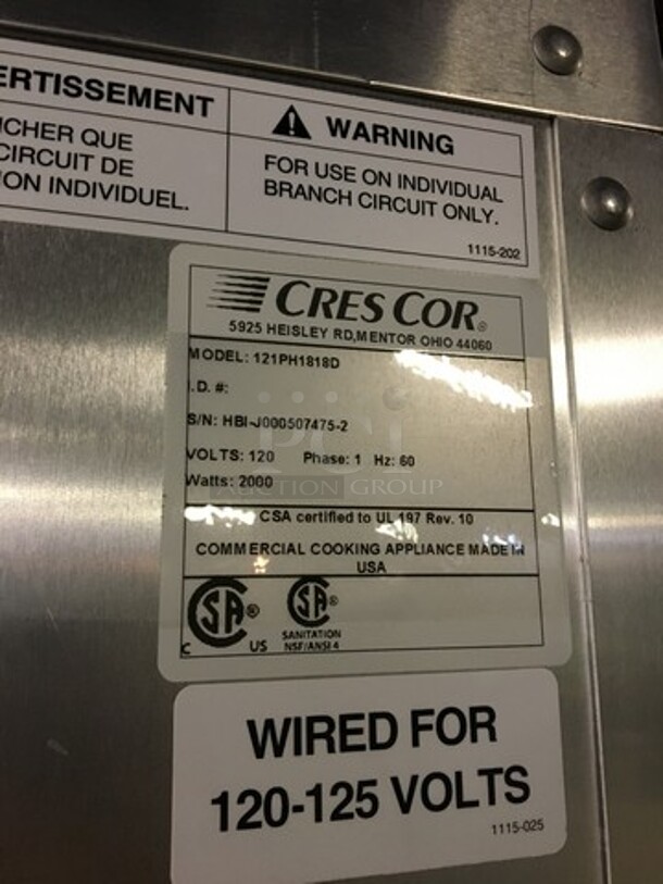 AMAZING! LATE MODEL Cres Cor Commercial Food Warming/Holding Cabinet! With View Through Door! All Stainless Steel! Model 121PH1818D Serial HBIJ0005074752! 120/125V 1Phase! On Commercial Casters! Working When Removed! - Image 7 of 8