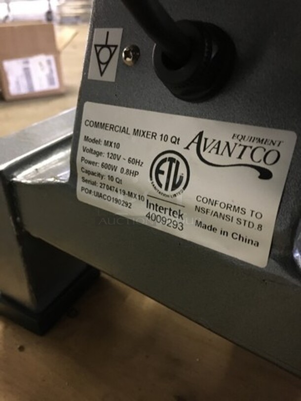 AMAZING! LATE MODEL 2019! Avantco Commercial Countertop 10 Quart Planetary Mixer! With Stainless Steel Bow & Bowl Guard! With Whip Attachment! Model MX10 Serial 27047410MX10! 120V! Working When Removed! - Image 7 of 8