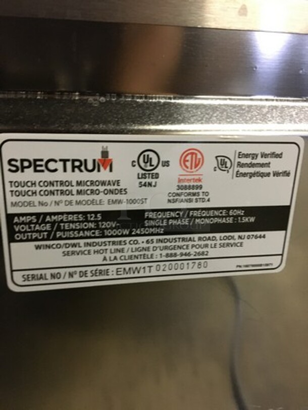 GREAT! Spectrum Countertop Microwave Oven! All Stainless Steel Body! With View Through Door! Model EMW1000ST Serial EMW1T020001780! 120V! Working When Removed! - Image 5 of 8