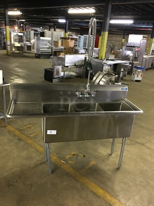 GREAT! Sapphire Commercial 3 Compartment Sink! With Left Side Draining Board! With Backsplash! With Faucet & Jet Spray Hose! All Stainless Steel! On Legs!