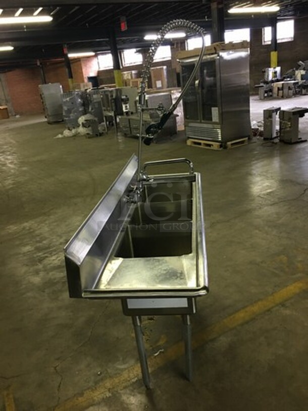 GREAT! Sapphire Commercial 3 Compartment Sink! With Left Side Draining Board! With Backsplash! With Faucet & Jet Spray Hose! All Stainless Steel! On Legs! - Image 2 of 9