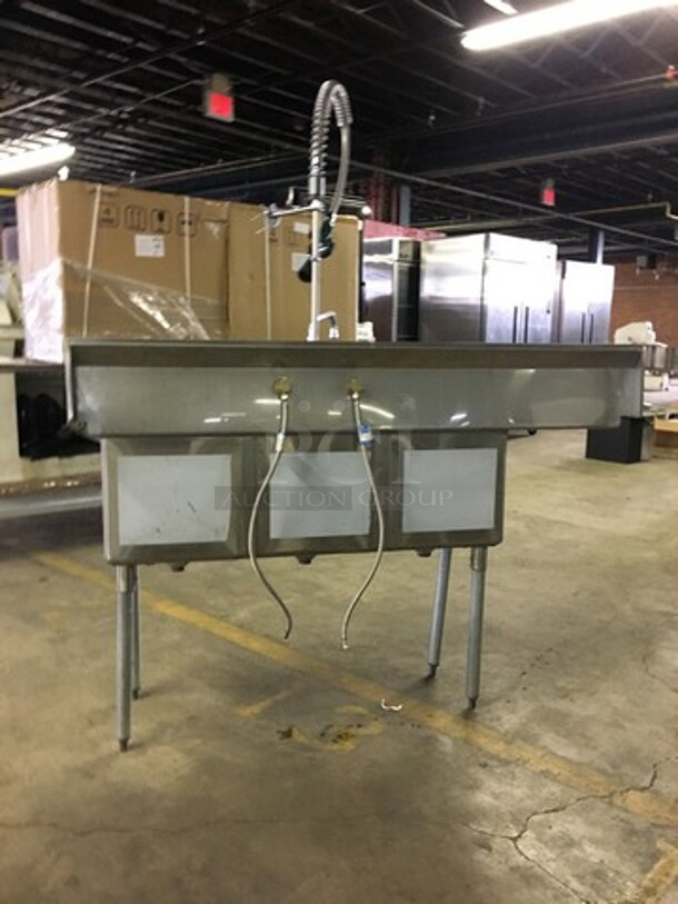 GREAT! Sapphire Commercial 3 Compartment Sink! With Left Side Draining Board! With Backsplash! With Faucet & Jet Spray Hose! All Stainless Steel! On Legs! - Image 3 of 9