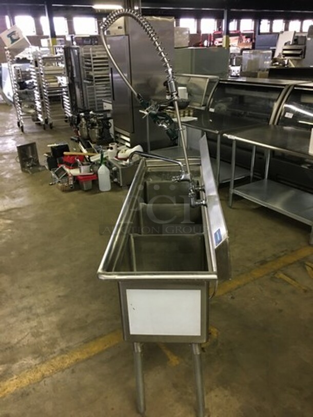 GREAT! Sapphire Commercial 3 Compartment Sink! With Left Side Draining Board! With Backsplash! With Faucet & Jet Spray Hose! All Stainless Steel! On Legs! - Image 4 of 9