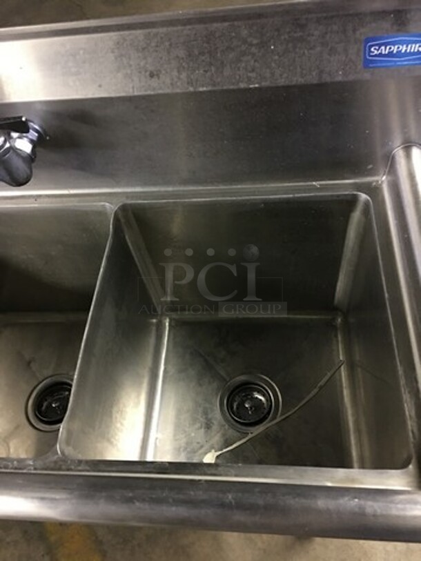GREAT! Sapphire Commercial 3 Compartment Sink! With Left Side Draining Board! With Backsplash! With Faucet & Jet Spray Hose! All Stainless Steel! On Legs! - Image 6 of 9