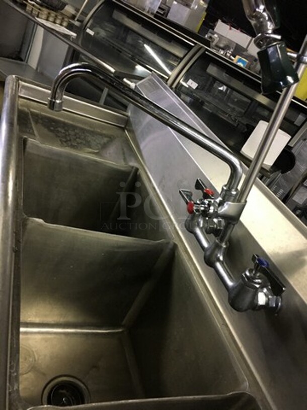 GREAT! Sapphire Commercial 3 Compartment Sink! With Left Side Draining Board! With Backsplash! With Faucet & Jet Spray Hose! All Stainless Steel! On Legs! - Image 7 of 9