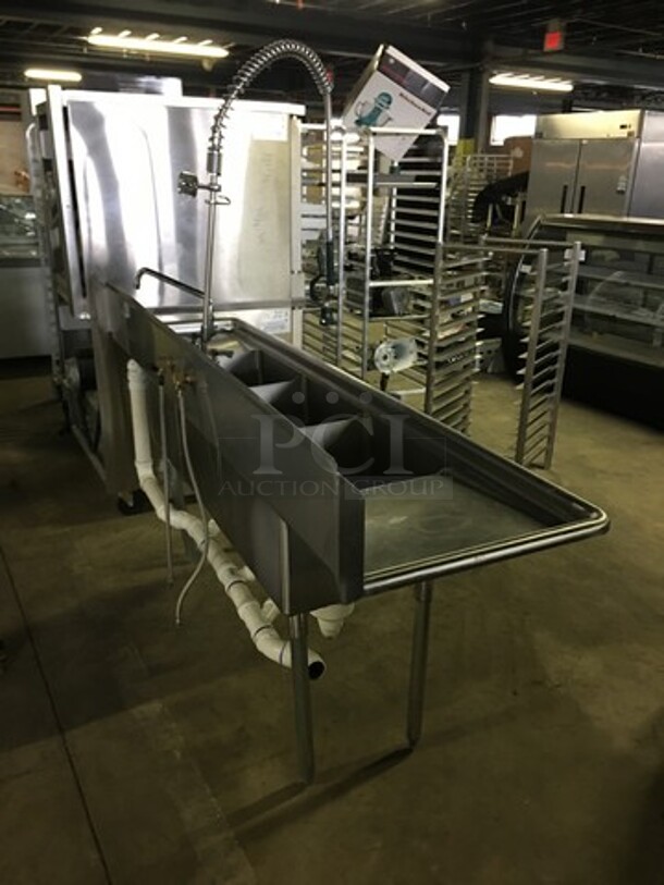 WOW! Mix Rite Commercial 3 Compartment Dishwashing Sink! Heavy Duty Gauge! With Backsplash! With Left & Right Side Drainboards! With Faucet & Jet Spray Hose! Model MRSA3D! All Stainless Steel! On Legs! - Image 2 of 9