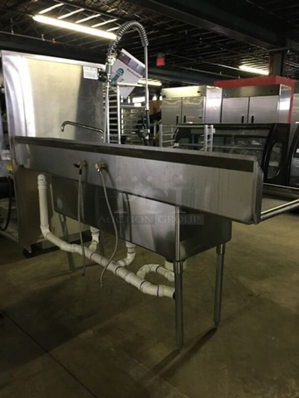 WOW! Mix Rite Commercial 3 Compartment Dishwashing Sink! Heavy Duty Gauge! With Backsplash! With Left & Right Side Drainboards! With Faucet & Jet Spray Hose! Model MRSA3D! All Stainless Steel! On Legs! - Image 3 of 9