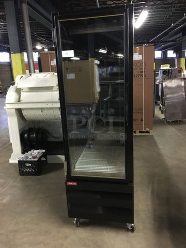 FABULOUS! LATE MODEL 2018! McCray Commercial Single Door Reach In Freezer Merchandiser! With Poly Coated Racks! Model GF19BMBLHFFLED Serial 184630210! 115/208/230V 1Phase! On Commercial Casters! Working When Removed!