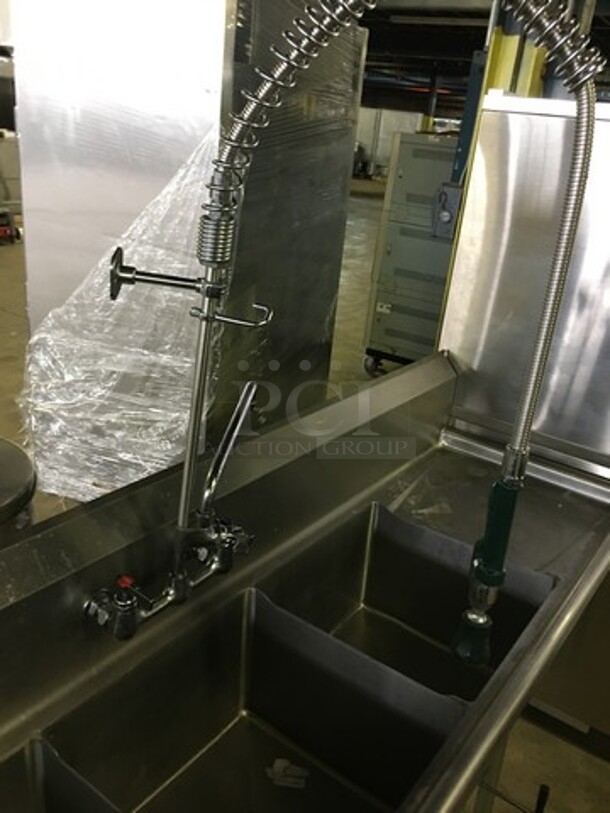 WOW! Mix Rite Commercial 3 Compartment Dishwashing Sink! Heavy Duty Gauge! With Backsplash! With Left & Right Side Drainboards! With Faucet & Jet Spray Hose! Model MRSA3D! All Stainless Steel! On Legs! - Image 6 of 9