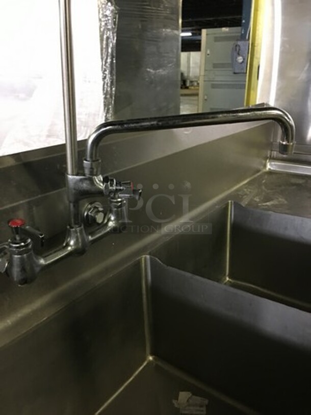 WOW! Mix Rite Commercial 3 Compartment Dishwashing Sink! Heavy Duty Gauge! With Backsplash! With Left & Right Side Drainboards! With Faucet & Jet Spray Hose! Model MRSA3D! All Stainless Steel! On Legs! - Image 7 of 9