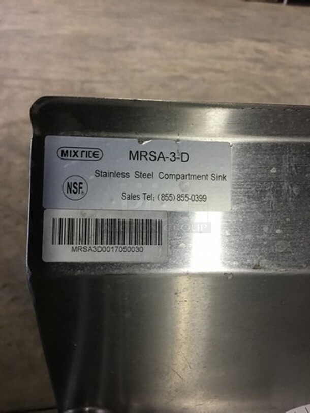 WOW! Mix Rite Commercial 3 Compartment Dishwashing Sink! Heavy Duty Gauge! With Backsplash! With Left & Right Side Drainboards! With Faucet & Jet Spray Hose! Model MRSA3D! All Stainless Steel! On Legs! - Image 9 of 9
