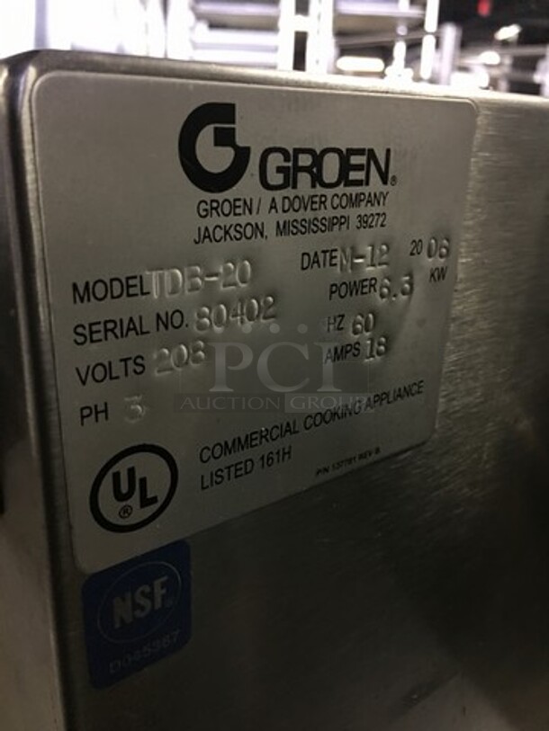 GREAT! LATE MODEL Groen Commercial Electric Powered Tilting Kettle! With Table Base! All Stainless Steel! Model TDB20 Serial 80402! 208V 3Phase! On Legs! Working When Removed! - Image 9 of 11