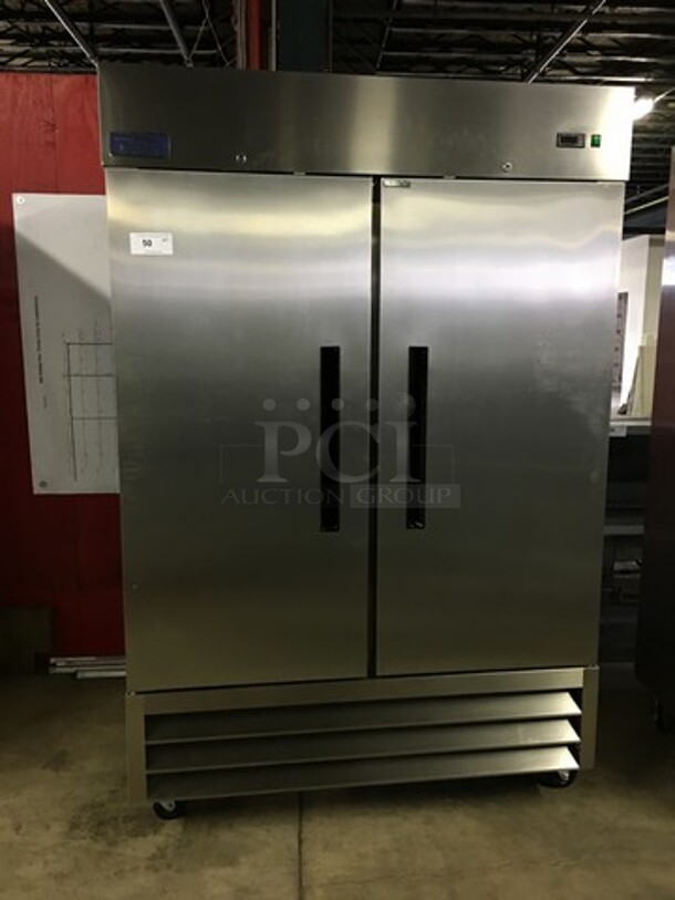 FAB! LATE MODEL Artic Air Commercial 2 Door Reach In Refrigerator! With Poly Coated Racks! All Stainless Steel! Model AR49EZ Serial H8106763! 115V! On Casters! Working When Removed!