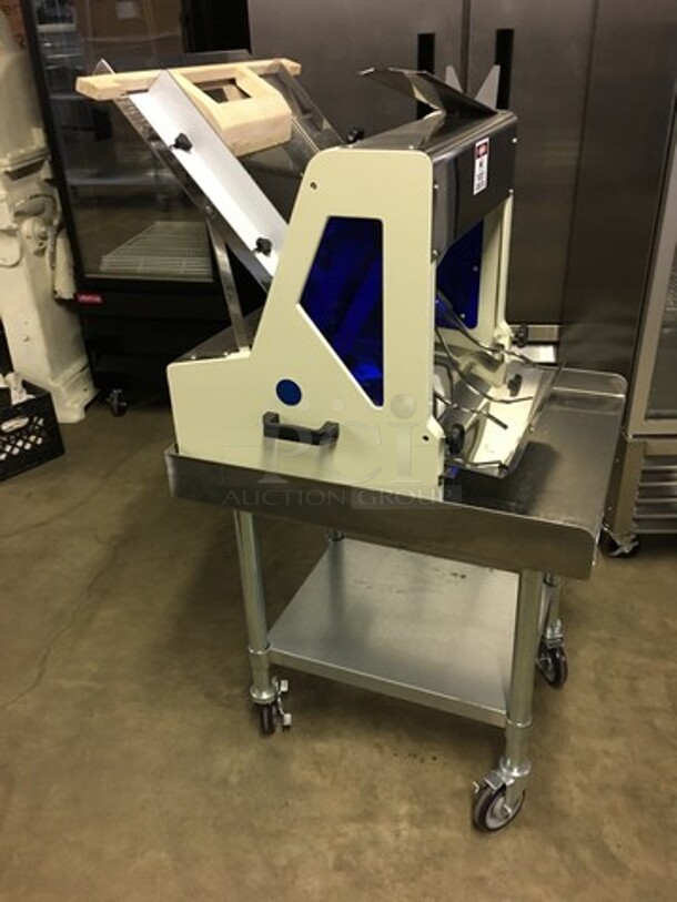 BEAUTIFUL! LATE MODEL 2018 BARLEY USED! Doyon Commercial Electric Bread Slicer! On Stainless Steel Commercial Equipment Stand! With Underneath Storage Space! Model SM302B Serial DYN1801046! 120V 1Phase! On Casters! Working When Removed! - Image 4 of 11