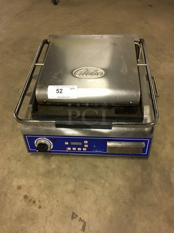 WOW! LATE MODEL Globe Commercial Countertop Panini Press Grill! All Stainless Steel! Model GSG14D! 120V! Working When Removed!