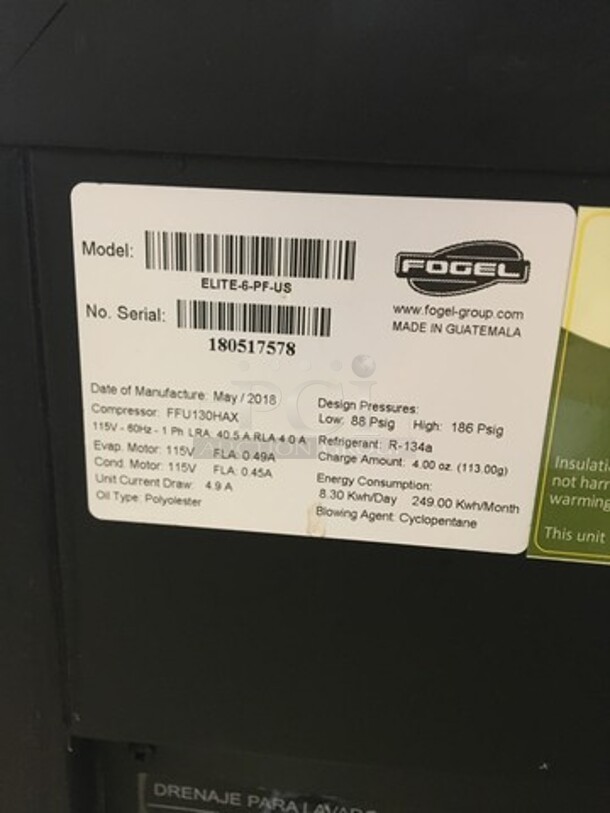 NICE! LATE MODEL 2018 Fogel Commercial Refrigerated Deli/Bakery Display Case! With Curved Front Glass! With 2 Sliding Rear Doors! Model ELITE6PFUS Serial 180517578! 115V 1Phase! Working When Removed! - Image 7 of 10