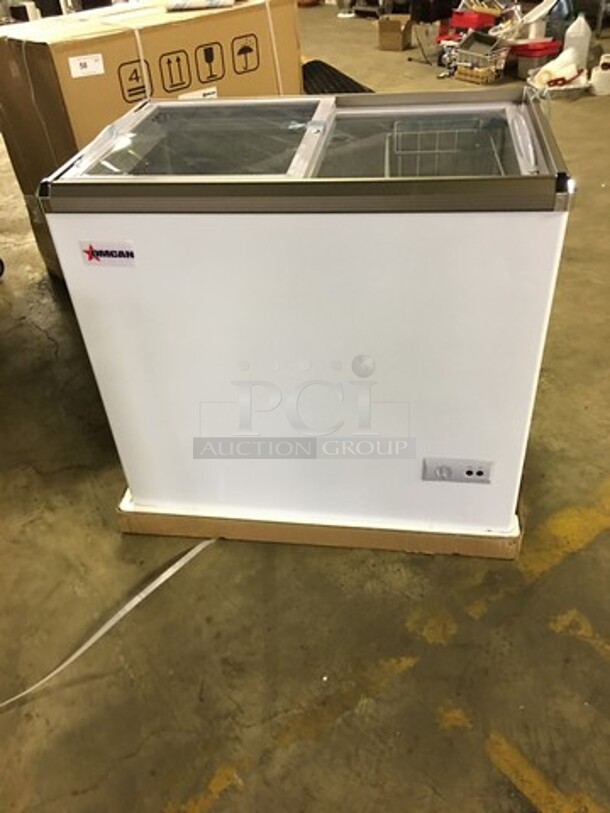 NEW! IN THE BOX! LATE MODEL Omcan Commercial Chest Freezer Merchandiser! With 2 Sliding Top Doors! Model FRCN0200! 110V! Working When Removed! - Image 2 of 7