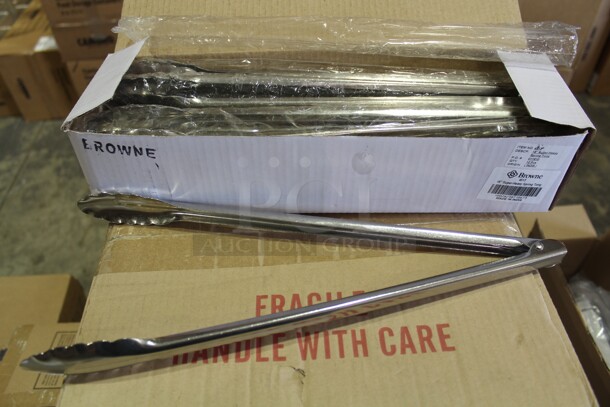 NEW IN BOX! 12 Browne Commercial Stainless Steel 16 Inch Tongs. 12X Your Bid! 