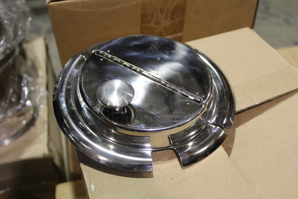 NEW! 8 Commercial Stainless Steel Soup/Chili Insert Covers With Ladle Cutout. 8x8x1.75  8X Your Bid!
